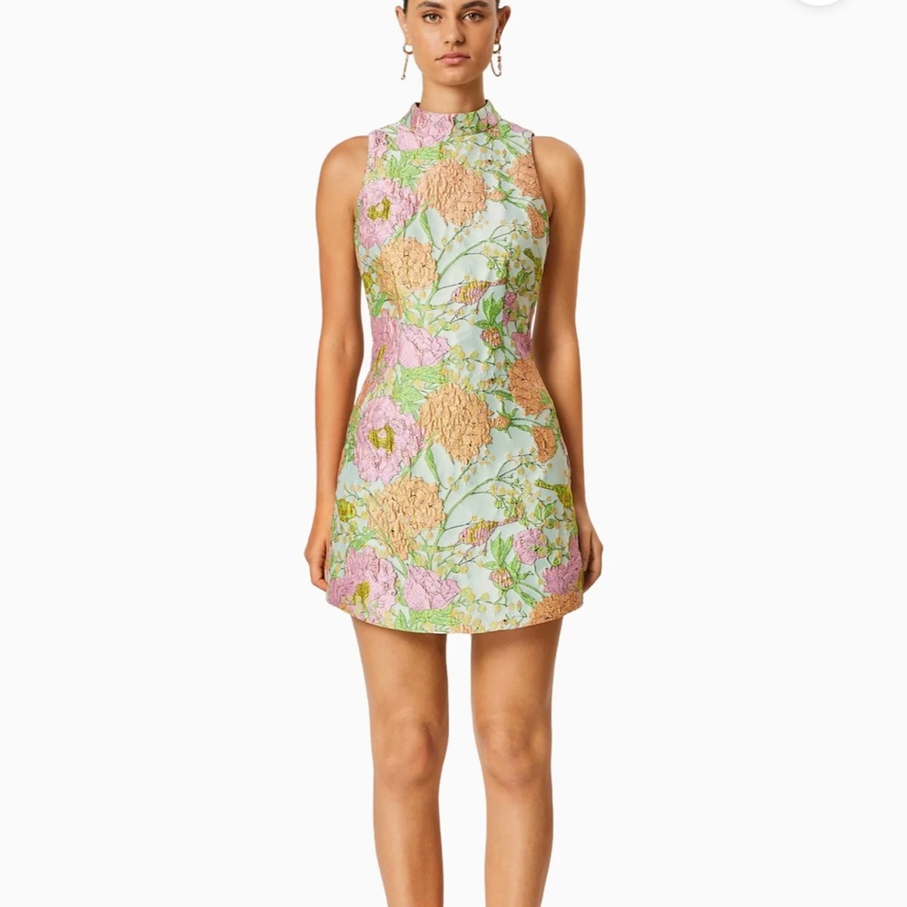 Elliatt Floral High-Neck Mini Dress in Pink and Green